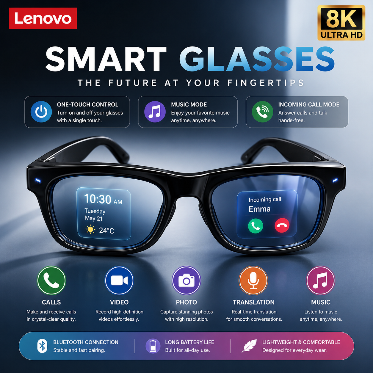 NEXVY Vision One™ Smart AI Glasses with HD Camera, Bluetooth Audio &amp; Real-Time Translation
