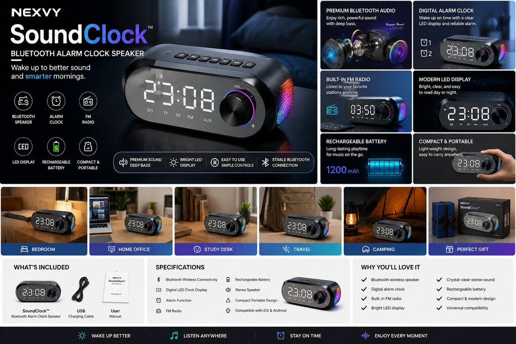 Nexvy SoundClock™ | Wireless FM Alarm Speaker