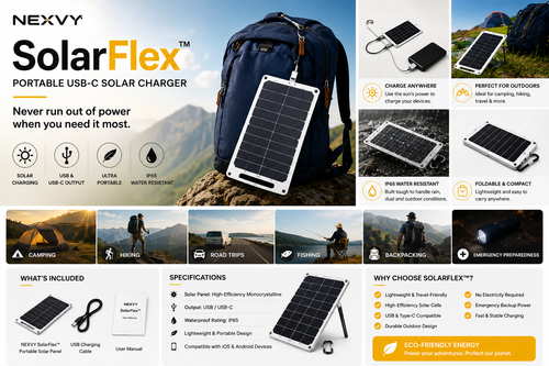 NEXVY SolarFlex™ | Foldable Solar Panel for Phones & Power Banks