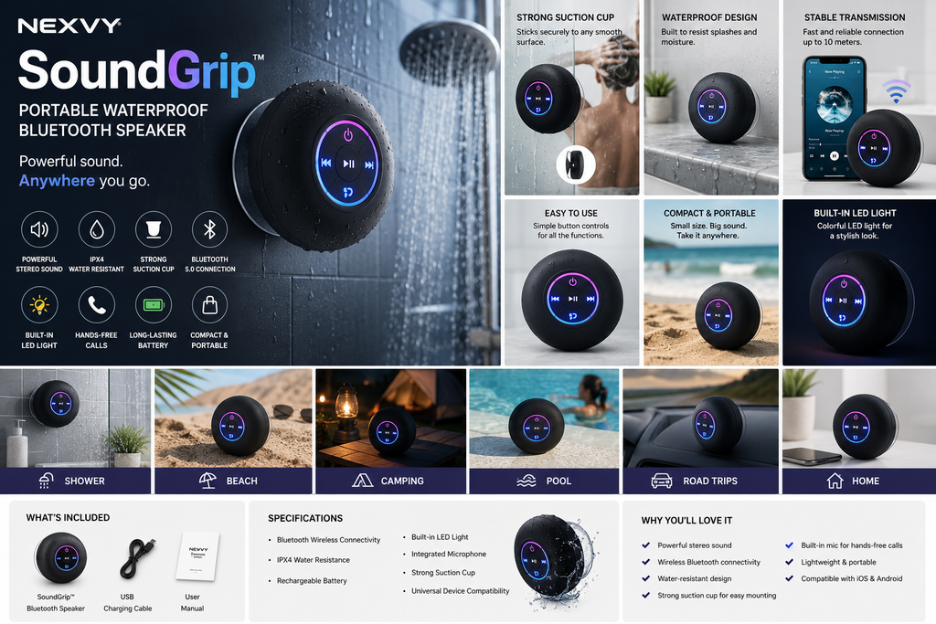 Nexvy SoundGrip™ | Waterproof Bluetooth Shower Speaker